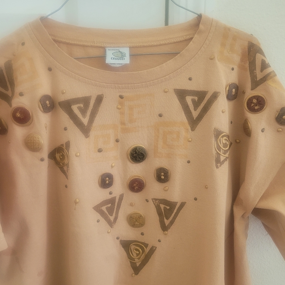 Vintage 90s Cesucci Hand Painted Embellished Tee Tan Brown Geometric Art Shirt - Picture 7 of 10